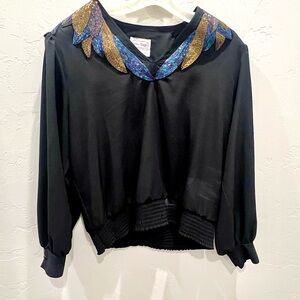 Three Flaggs 80's Vintage Beaded Collar Vintage Medium Blouse